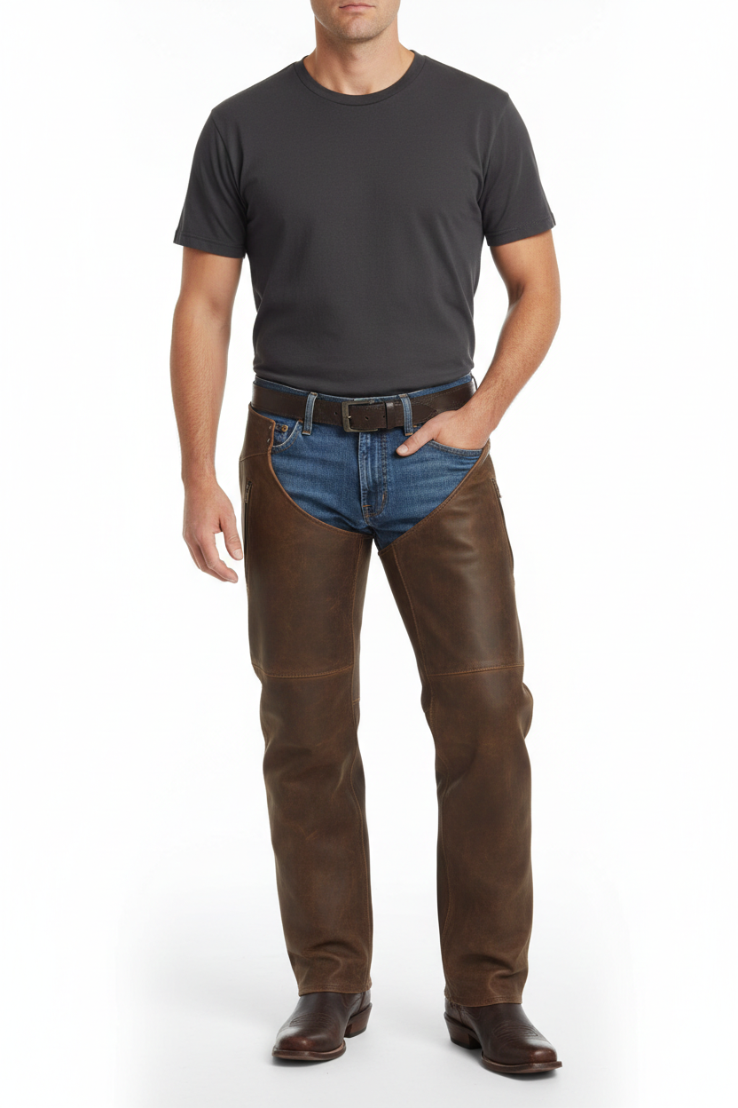 Men's cedar brown suede western chaps with a side utility pocket, silver studs, and long side fringe.
